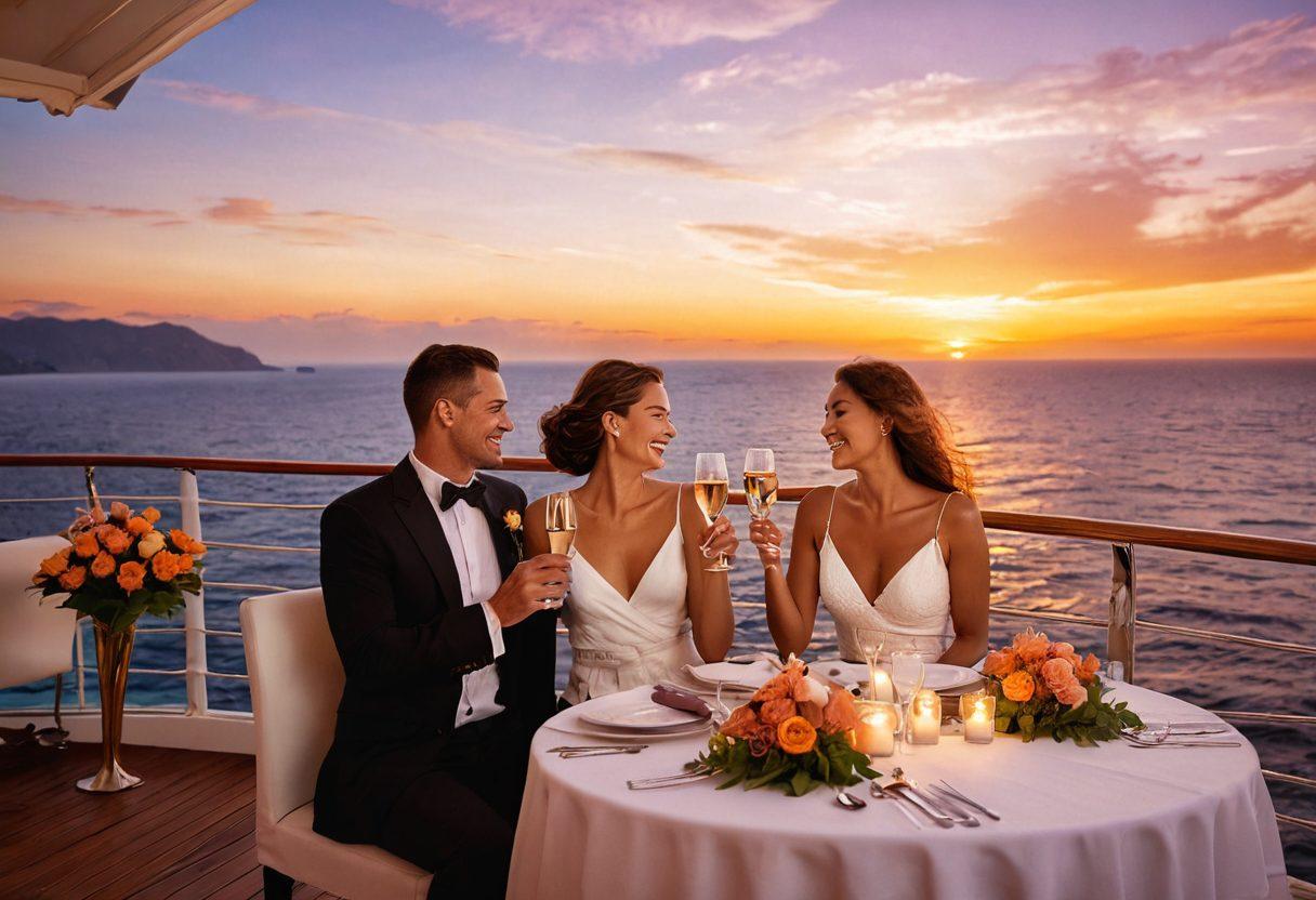 A picturesque scene of a couple on a luxurious cruise ship, basking under a stunning sunset over calm ocean waters. They are surrounded by soft, romantic lighting, upscale dining setups, and exotic flowers adorning the deck. In the background, the horizon is filled with distant islands, while a gentle breeze carries the scent of the sea. The couple is laughing and toasting with champagne glasses, embodying pure romance and adventure. vibrant colors. super-realistic. dreamy atmosphere.