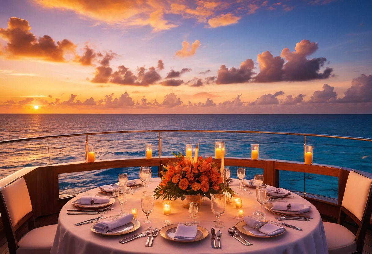 A breathtaking scene of a luxurious honeymoon couple on a private yacht, surrounded by crystal-clear blue waters and vibrant coral reefs. An elegantly set dinner table is adorned with candles and flowers, as the sun sets in the background, casting warm golden hues across the sky. Tropical islands and playful dolphins can be seen in the distance, creating an atmosphere of romance and adventure. super-realistic. vibrant colors. dreamy sunset.