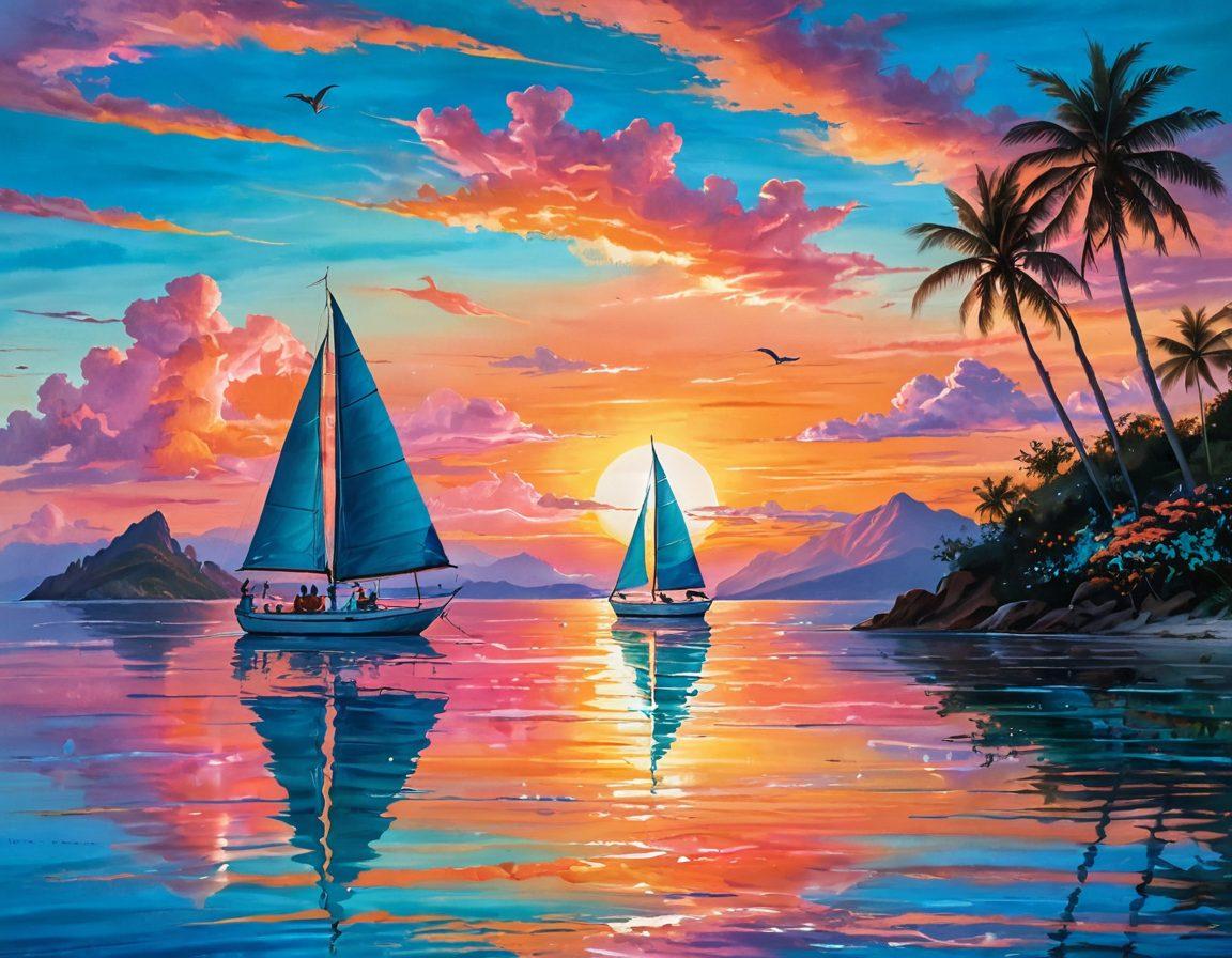 A serene seascape featuring a couple in a sailboat, surrounded by vibrant turquoise waters and a sunset sky painted in hues of pink and orange. In the background, distant islands with lush greenery add to the romantic atmosphere, while playful dolphins leap beside the boat. This scene conveys a sense of adventure and passion for travel. super-realistic. vibrant colors.